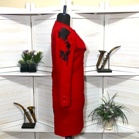 Valentino Vintage Red Blazer Dress Black Roses Size 6 - Picture 12 of 14